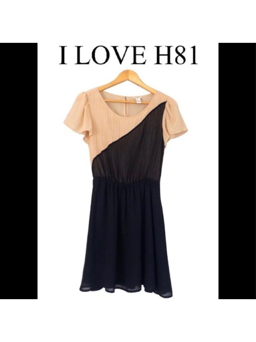 𝅺i Love H81 beige black short sleeve pleated chiffon mini dress size medium